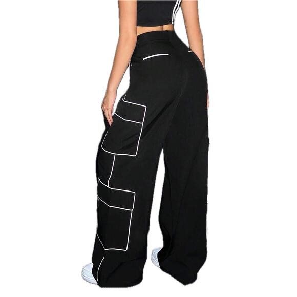New XS Oversized Black Wide Leg Cargo Pants White Outline Piping Grunge Goth 90s - Picture 1 of 10